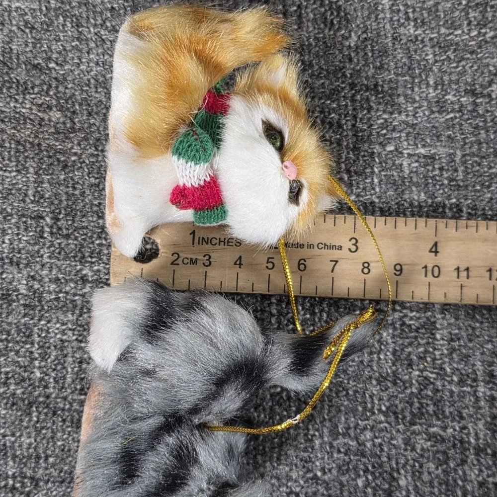 2 Faux Fur Kitten Ornaments Orange Ginger & Gray Tabby Cat Miniature Figurines